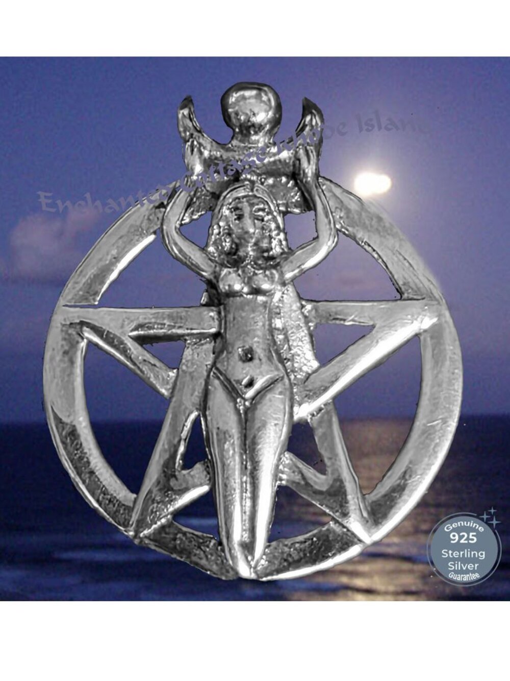 Sterling Silver Wicca 𝑴𝒐𝒐𝒏 𝑮𝒐𝒅𝒅𝒆𝒔𝒔 Pentagram Pentacle Pendant